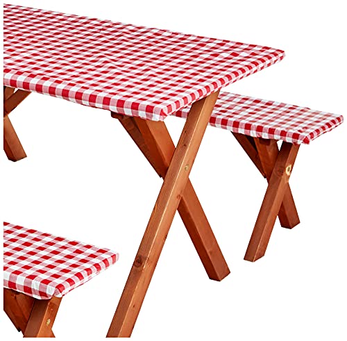 Violet Linen Deluxe Checkered Gingham Pattern, Vinyl Tablecloth Elestic, Polyester Flannel Backed Lining, Red, 28 X 72 Inch, 3-Piece Set, Picnic Table And Bench Fitted Table Cover #TOP25