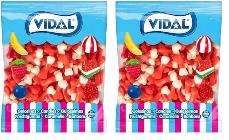 Vidal Golosinas Huesos Brillo. Color Blanco y Rojo, Sabor Fresa, Bolsa 1 Kg (Paquete de 2)