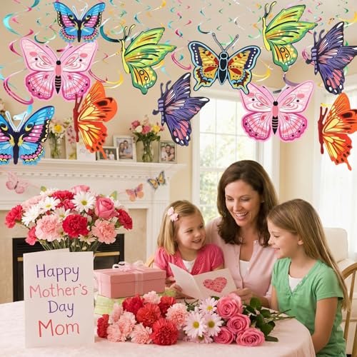 Image of 36 Pcs Butterfly Hanging Swirl Party Decors for Summer Birthday | Larger Paper Streamer Ceiling Party Decor, For Wedding Home Office Garden Classroom Girl Spring Baby Shower Tea Party Easter