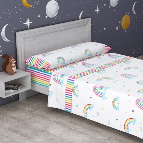 Kimbatex Textil Hogar Tienda Juego de Sábanas Infantiles Roomers Bed Linen. Surtido De Modelos y Tamaños. 50% algodón 50% poliéster. Calidad 30/30 144/Hilos. (Rainbow, Cama 90cm)