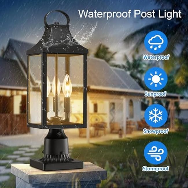 18.62'' Dusk to Dawn Post Light Outdoor, Large 3-Light Lamp Post Light Fixture, Modern Pillar Outside Lighting Waterproof Post Lantern Lamp Outdoor Post Light Fixtures Pole Lights for Porch, 1 Pack