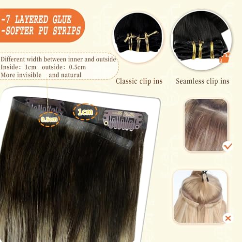 Image of Full Shine Seamless Hair Extensions Clip in 14 Inch Brown Balayage Clip in Hair Extensions Straight Dark Brown Balayage Platinum Blonde Hair Softness 8 Pcs 120g