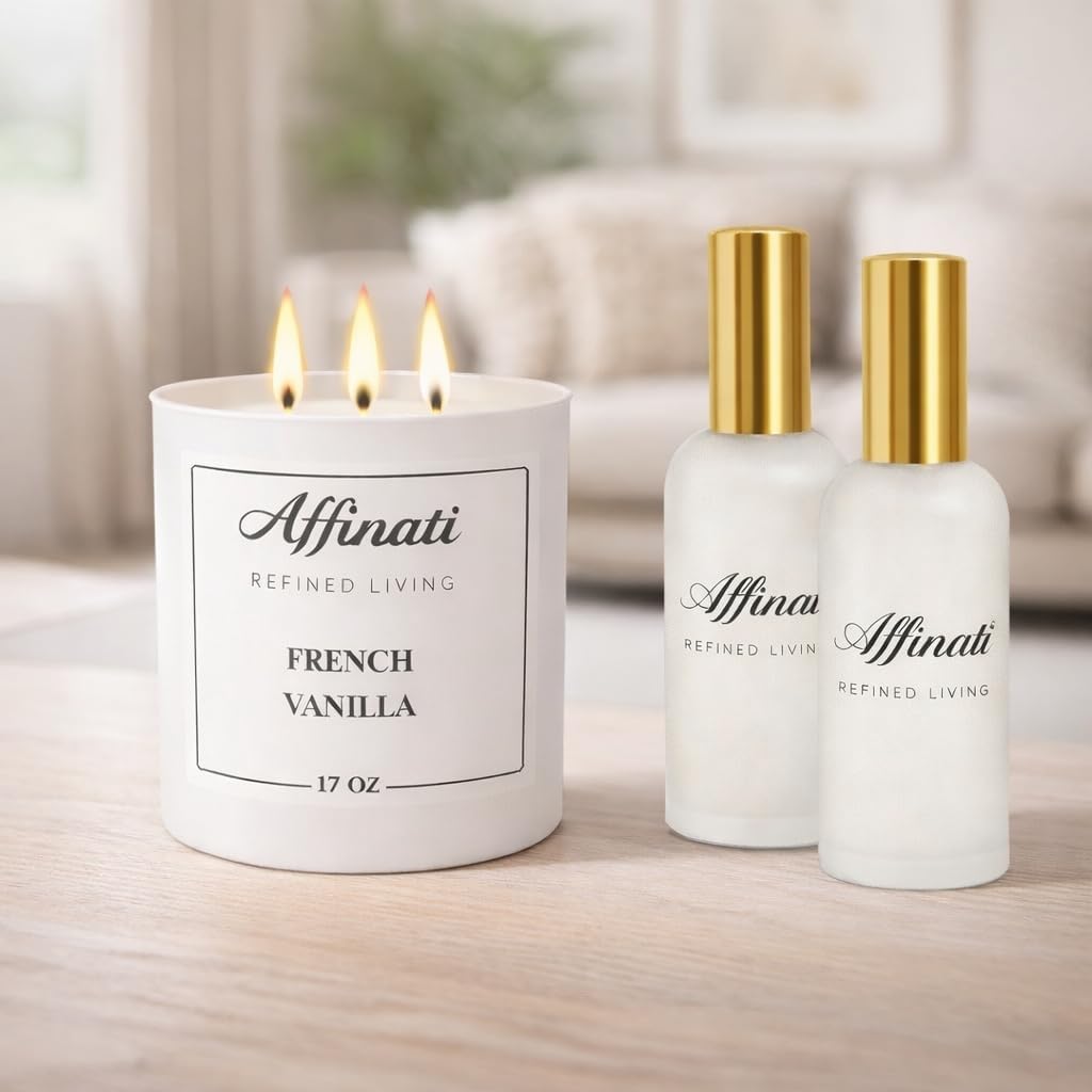 Affinati Candle & Room Spray Bundle – 17 oz 3-Wick Candle + 2 Room & Linen Sprays (4 oz) – Strong Scented Soy Blend Set – Long Lasting Home Fragrance for Room & Linen (French Vanilla)