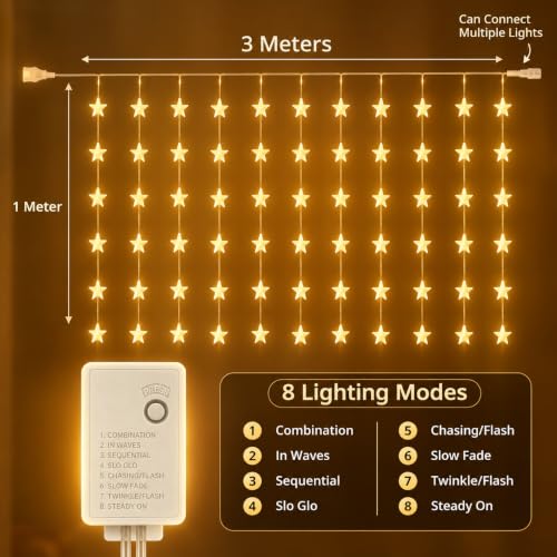 Image of Quace 80 Led Mini Star Curtain Light 3x1 Meter - Warm White Decorative LED for Home, Party & Festival Decoration