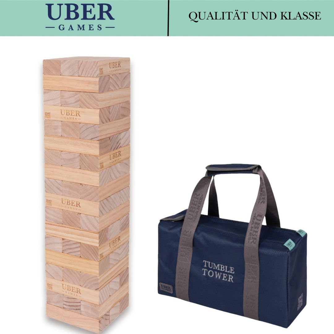 Ubergames Gigantyczna wieża ruchoma do 120+ cm XXL Jumbo Hi-Tower w torbie - 1,2 m (maks. w grze. Masywna sosna drewniana gra wieżowa - bardzo luksusowe bloki i torba (do 120 + cm)