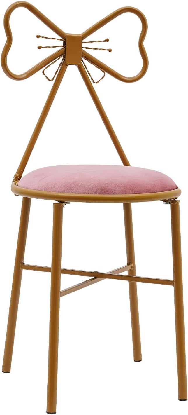Pink Vanity Chair Cute Butterfly Backrest Makeup Chair Side Table Seat Soft Cushion w/Metal Frame for Vanity Bedroom Living Room (Deep Pink)