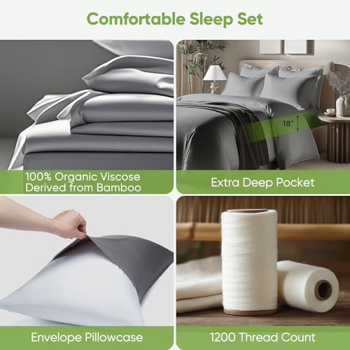 TWK Luxury Sheet Set, Genuine 100% Organic Viscose Derived from Bamboo, Cooling & Breathable, Silky Soft, Bedding Sheets & Pillowcases (Gray, Full)