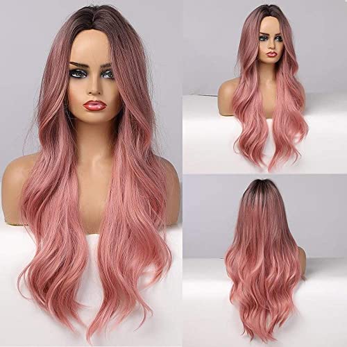 OUFEI Long Wavy Ombre Pink Wig for Women Natural Synthetic Hair Heat Resistant Ombre Wigs with Dark Roots for Daily Party Cosplay Wear - Image 4