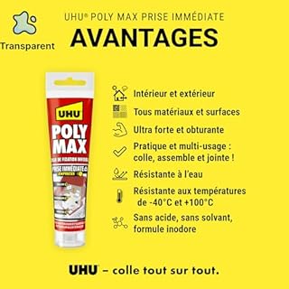 UHU Poly Max - Mastic-Colle Prise Immédiate Invisible Séchage Rapide - Pour Coller, Assembler, Jointer - Tous Matériaux ET Surfaces - Intérieur/Extérieur - Sans Solvants - Transparent - Tube 115 g
