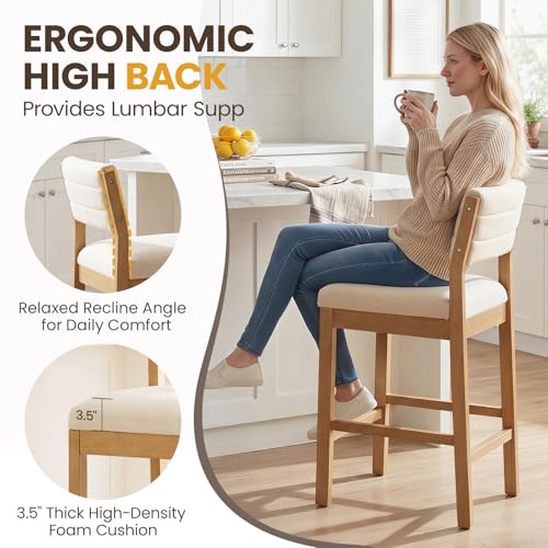 Image of RIVOVA 26 inch Bar Stools Set of 2 Counter Height Bar Stools for Kitchen Counter, Modern Upholstered Barstools with Back and Wood Legs Linen Stools Farmhouse Island Chairs, Beige