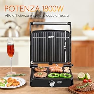 Aigostar Tostapane Piastra 3 in 1, Tostiera Elettrica con Piastre Panini Antiaderenti, 1800 W, Bistecchiera Elettrica con Regolatore di Temperatura, Apertura a 180°, Vassoio Raccogligocce, Calore