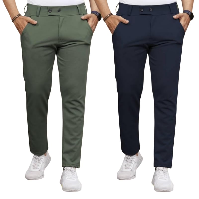 Image of Men Fit Stretch Trousers with Side Pockets | 2-Button Closure | Soft Lycra Blend for Casual & Formal Use