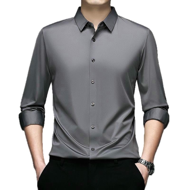 Camisa de manga larga MQMYJSP para hombre con cuello de solapa y corte ajustado casual