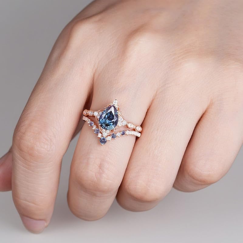 10K 14K 18K Gold Vine Alexandrite Wedding Ring Sets for Women Oval/Heart/Pear/Kite/Hexagon/Cut Twig Alexandrite Promise Anniversary Ring Sets Size 3-16