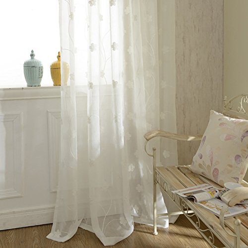 VOGOL Semi-Sheer Elegant Embroidered Solid White Rod Pocket Window Curtains/Drape/Panels/Treatment 60 x 96 (Set of 2)
