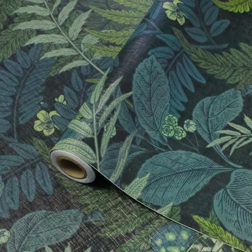 ConCus-T Tropical Botanical Wallpaper Leaf Flower Wall Paper with Butterfly Vintage Black Background Textured Sticky Back Vinyl Self Adhesive Contact Paper Peel and Stick, 44.5 x 300CM