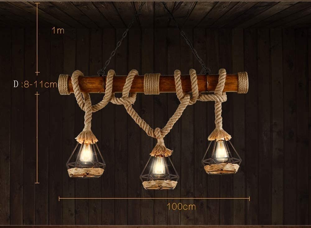 Lámpara de techo retro vintage Luces de cuerda Lámpara de araña Cuerda de cáñamo y tubo de bambú Lámpara colgante, 3X E27 Lámpara de araña de bambú vintage Lámpara de techo tejida a mano Iluminación