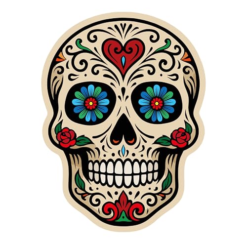 Autocolante decorativo de caveira mexicana, design tradicional com flores, adesivo artístico para o dia dos mortos, multicolorido, 9 x 12 cm