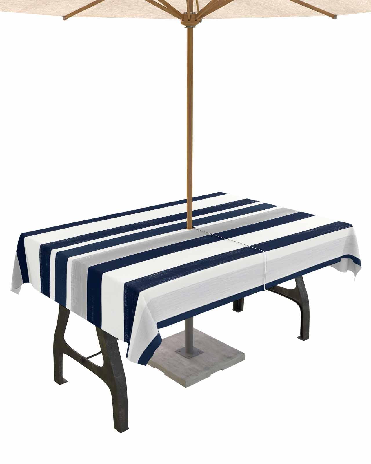 Chreistmosanty Navy Blue White Striped Outdoor Tablecloths with Umbrella Hole and Zipper, Grey Farmhouse Stripe 60 x102 Inch Rectangle Tablecloths,