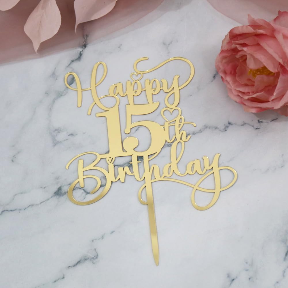 Ruscalin Happy 15th Birthday Cake Topper，Mirrored Gold Acrylic Birthday Topper for Cheers to 15 Years Birthday/Anniversary Party Decoration Ideas, Perfect Keepsake for your family and friends (15th)