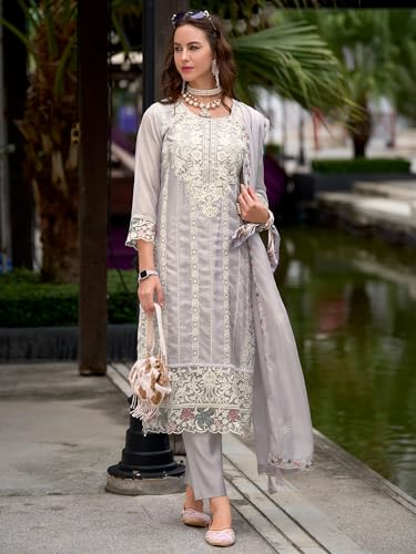 Image of INDO ERA Womens Organza Embroidered Straight Kurta Pant Dupatta Set (IEOUT10618)