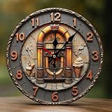 TZTTZT Horloge murale rétro marron avec impression jukebox pour décoration de salon, horloge murale à piles, silencieuse, sans tic-tac, 25,4 cm, impression 2D, horloge murale décorative moderne pour