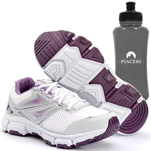 Tênis Feminino Esportivo com Cadarço Branco e Lilás e Squeeze Cor:Branco;Tamanho:34;Gênero:Feminino