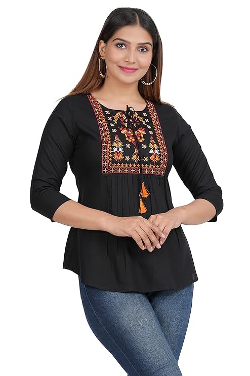 Image of Avayayat Short Kurti for Women | Embroidered Straight Rayon Kurta | Round Neck Full Sleeves Short Kurti for Women's