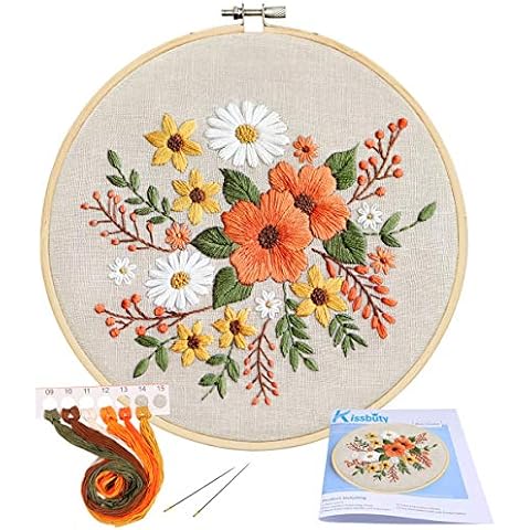 KISSBUTY Embroidery Starter Kit with Pattern, Bamboo Hoop, Color Threads, Flaxen Fabric (Floral Design, Kid, Art Craft Kit) Cover