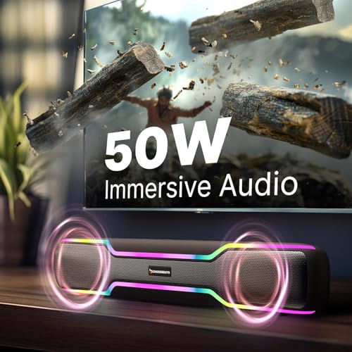 Image of CrossBeats Blaze B50 (2026) Bluetooth 50W Soundbar Gaming RGB Light, AUX, BT, SD Card, USB &FM, 8 Hrs Playtime Fast Charge Sound bar smart tv with Built-in mic, Speaker for Mobile, PC, Laptop - Black