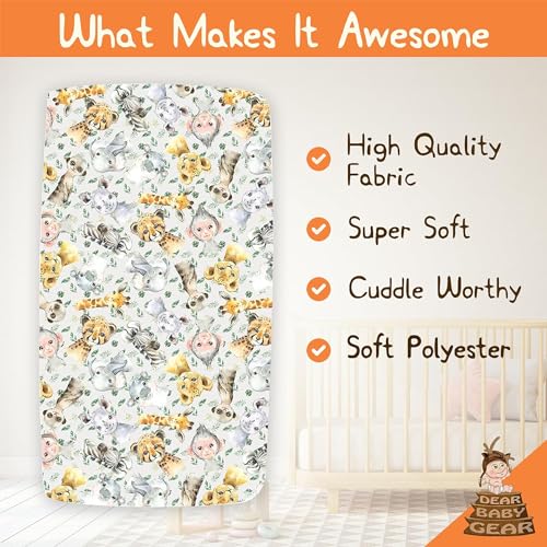 Image of Dear Baby Gear Deluxe Baby Crib Sheet - Cotton Polyester Infant Sheets - Soft Machine-Washable Crib Mattress Cover - Newborn Nursery Bedsheet -Safari Animals with Palm Leaves Print, 52x28x10