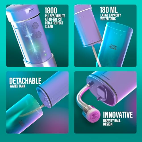 GuruNanda Compact Water Dental Flosser, Portable Travel Size Oral Irrigator Flosser with Collapsible 180 ml Tank, Smart Timer, 4 Flossing Modes, TSA-Approved - Lavender - Thumbnail 3