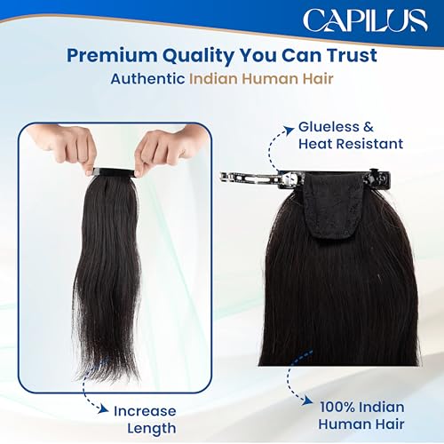 Image of Capilus Flat Clip-In Ponytail Hair Extensions (Black, 24 Inch) | 100% Natural Human Hair | Changeable Clip | Instant Volume & Length | Original Human Hair Ponytail Extension for Women