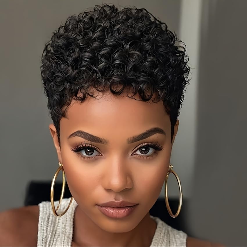 Short Curly Pixie Cut Wigs with Bangs Human Hair...