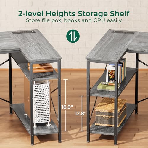 Huuger L Shaped Office Desk with Power Outlets, 55 Inch Computer Desk with 3 Drawers, Shelves, Reverisble for Gaming Corner Work Home Office Study, Grey
