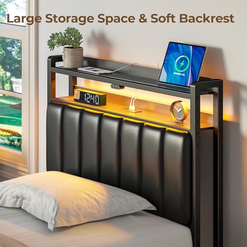 Rolanstar Headboard for Twin Size Bed with Storage, 60,000 DIY Color of LED Light, Head Board with USB & Type C Port, Height Adjustable, Black Upholstered Cabeceras de Cama Comfortable Modern, Leather