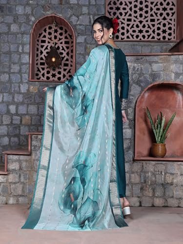 Image of EthnicJunction Women's Cotton Silk Embroidered Anarkali Kurta Palazzo with Digital Print Dupatta Set