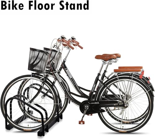 Image of India Heavy-Duty 2-Bike Floor Mount Bicycle Parking Stand | Black Staggered Space-Saving Cycle Storage Rack | Dual Wheel Parking Organizer | Two-Position Bicycle Support for Neat Ground Arrangement