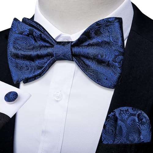 Image of DiBanGu Men Bow Tie Paisley Striped Self-Bow Tie for Men and Silk Woven Bowtie Pocket Square Cufflinks Wedding Party