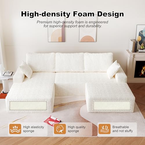 Image of Modular Sectional Sofa Couches L-Shape Couch 3 Seat Modular Sofa Memory Foam Sectional Couches for Living Room (White, 108 inch+Right Chaise + Ottoman)