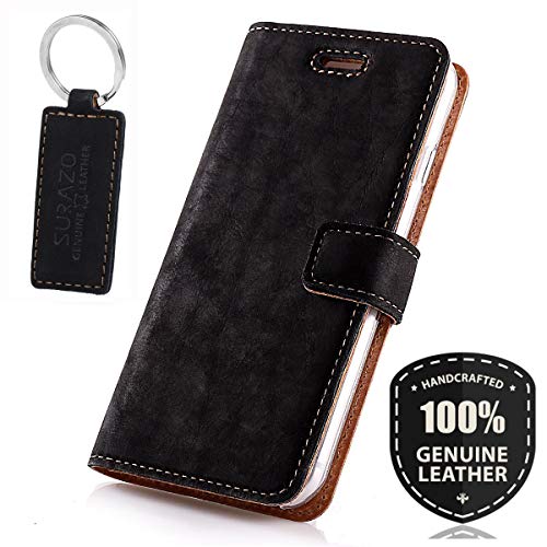 SURAZO® for Apple iPhone X/XS – Premium Phone cover Handcrafted in EU - Wallet flip case made of Top Grain leather - Free Leather Keychain - Black