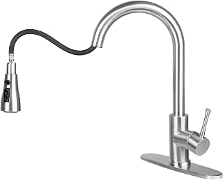 Kitchen Sink Faucet with Pull Down Sprayer KANONEY Pull Out Kitchen Faucets with Deck Plate Brushed Stainless Steel High Arc Single Handle for Commercial, RV, Laundry, Bar, Home, Restaurant