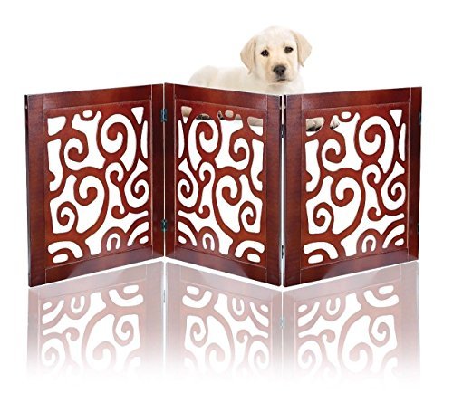 Safety Pet Gate for Dogs – Free-Standing & Foldable - Decorative Scroll Wooden Fence Barrier – Stairs & Doorways (Mahogany)