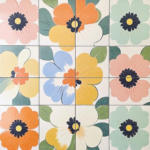 IVN Peel and Stick Floor Tiles 10PCS 12x12 Inch Pastel Abstract Flowers Self Adhesive Vinyl Flooring Tiles Stick on Tile for Kitchen Bathroom Bedroom DIY Home Spring Floor Pops Decor Renter Friendly