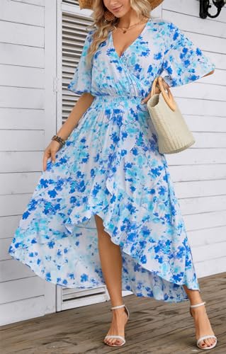 Image of Kormei Women Short Sleeve V Neck Floral High Low Flowy Summer Party Long Maxi Dress