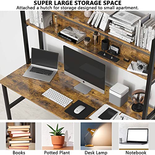 Aquzee Computer Desk With Hutch & Bookshelf, Home Office Desk With Space Saving Design, Metal Legs Industrial Table With Upper Storage Shelves For Study Writing/Workstation, 47 Inches Rustic #TOP3