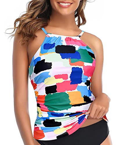Image of Tempt Me Women Tankini Top Only High Neck Bathing Suit Top Tummy Control Swimsuit Top Ruched Swim Top Without Bottom