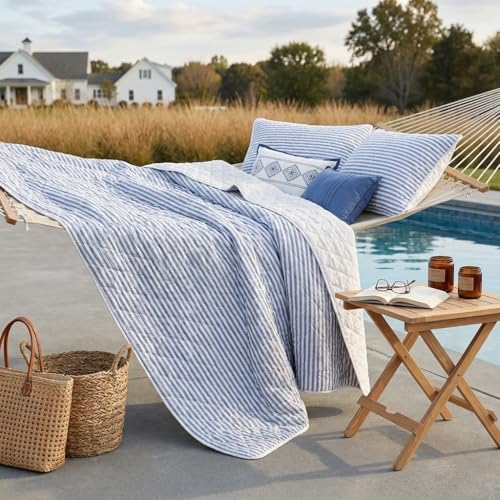 Wonderful - Blue Classic Ticking Stripe Quilt Set Queen Size, 3-Piece 100% Cotton Face & Fill Nautical Coastal Bedding, Rustic Farmhouse Bedspread Coverlet for All Season by Wonderful - Used condition - Image 6