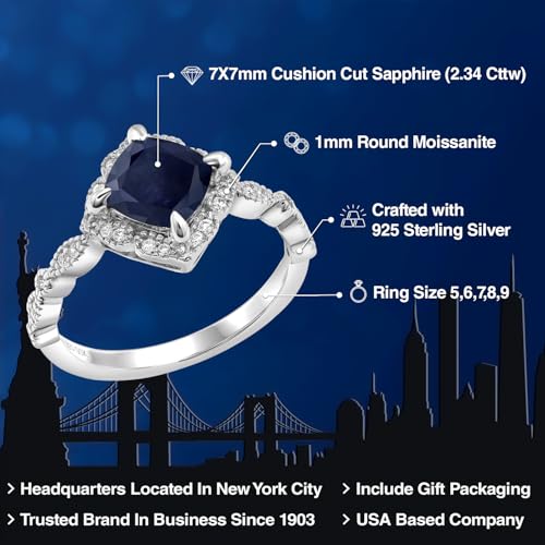 Gem Stone King 7MM Cushion Cut Gemstone Birthstone and White Moissanite Solitaire Engagement Ring For Women | 925 Sterling Silver | Available in Size 5, 6, 7, 8, 92