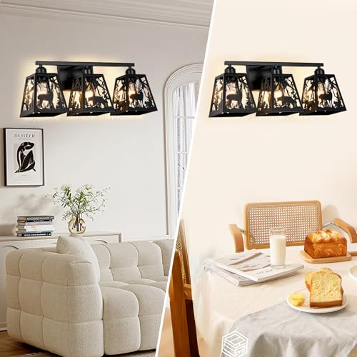 Image of Rustic Bathroom Light Fixtures with Deer Bear,3-Light Metal Shade | Farmhouse rustic style, Deer Bear Design,Openwork Engraved,Wall Light for Bathroom, Hallway, Kitchen, Porch,Study